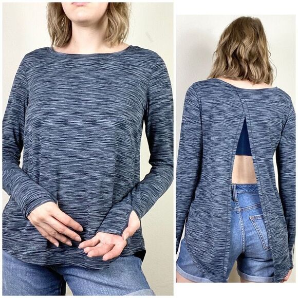 Zyia Navy Space Dye Long Sleeve Split Open Back Athletic Shirt Size M - Picture 1 of 5